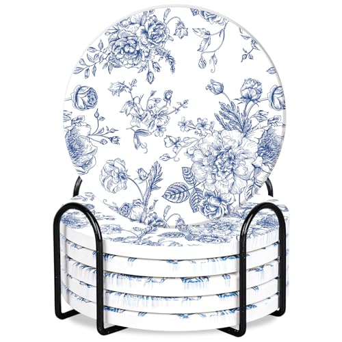 FYSUIMU 6Pcs White Blue Floral Coasters Vintage Flower Toile Ceramic Drink Coasters Absorbent French Country Chinoiserie Cup Mat for Home Kitchen Office Party Table Decor