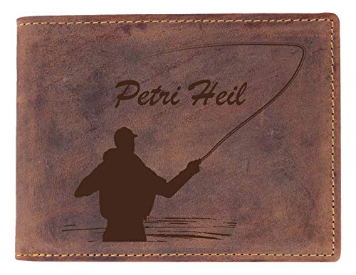 Greenburry Geldbeutel mit Petri Heil Motiv I Leder-Börse für Angler I Portemonnaie für Angler I Geschenk für Angler - 12,5x8,5x2,5 cm