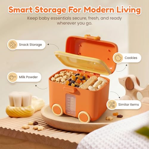 Image of Uonibaby by StarAndDaisy formula milk container for baby milk powder container with scoop holder , portable Formula Dispenser, Airtight First Feed Baby food Storage container / Box for travel (Bus - Orange)