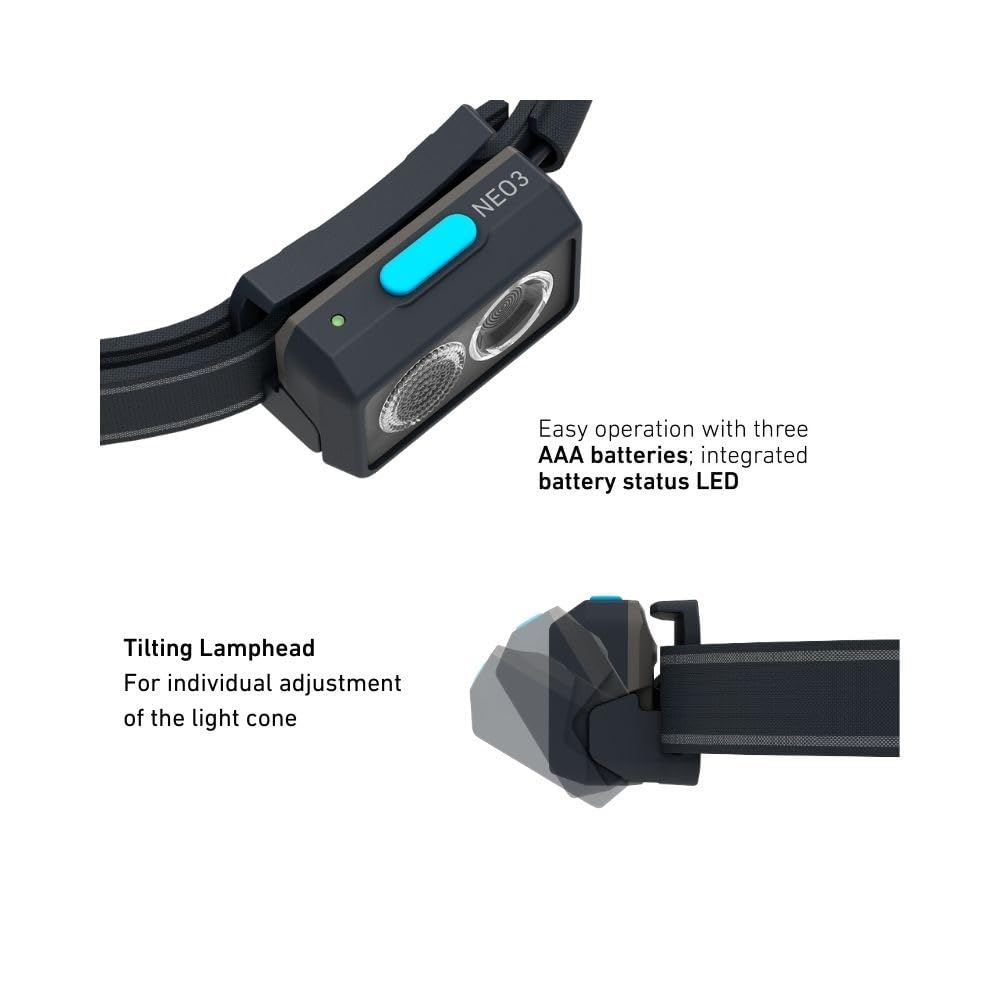 Ledlenser NEO3 - Lampe frontale LED à piles, ultra-lumineuse 400 lm, légère, 20h d’autonomie, bandeau réfléchissant, lumière avant rouge - Pour la course à pied, la pêche, la randonnée - Bleu