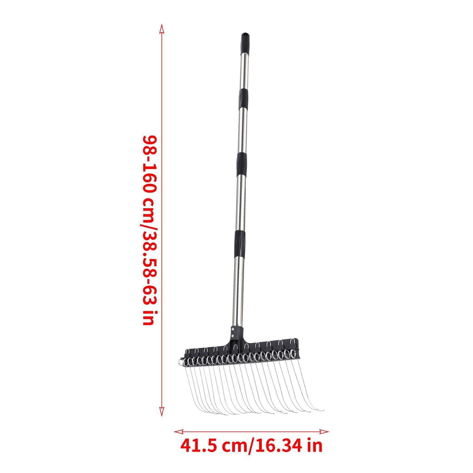 Rechen Für Rasen Schwerlast - Breite Stahlzinken Mit Ca. 98-160 cm Langem Stiels | Breitzahn Rasenrechen Aus Federstahl | Für Gras Laub Gartenarbeit Rasenflächen Sträucher Und