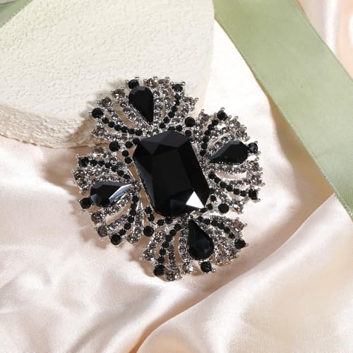 Image of Black Brooch Vintage Rhinestone Brooches and Pins for Women, Elegant Flower Badge Brooch Lapel Pins for Clothes Dress Hats Bags Accessory