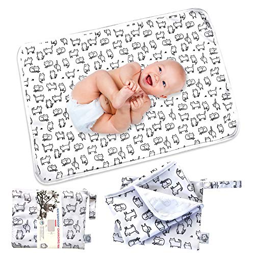 Image of Flock Three Waterproof Baby Diaper Changing Pad with Storage Bag (43.3" X 28.7") Washable Wipeable Reusable Leak Proof Diaper Travel Mat Station Changing Mattress Liner Cribs Bed Cover, Cats
