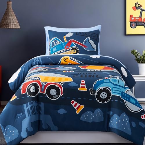 Image of Twin Comforter Set for Boys-5 Pieces Truck Glow in the Dark Bedding Set | Soft Bed in A Bag Twin with Sheet, Pillowcases & Shams