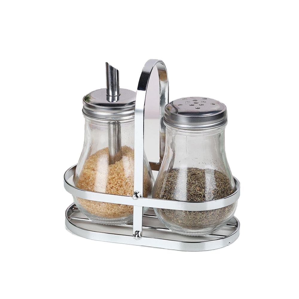 Danube Home Adrian 2-Piece Spice Jar Set 2 X 210 Ml | Glass,Metal Tabletop Condiments Holder Spice Container Storage For Kitchen & Dining Room | L7.4Xw7.4Xh11CM - Silver