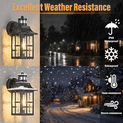 Image of OKELI Outdoor Wall Lights with Motion Sensor, Exterior Waterproof Lantern, Front Porch Sconce Lighting with Water Ripple Glass Shade, Anti-Rust Wall Lamps Outside Lights for Garage (Black-2pack)