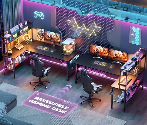 Image of Aheaplus L Shaped Desk Gaming Desk, 59 inch L Shaped Computer Desk with LED Light & Power Outlet, Reversible Home Office Desk Gamer Desks with Shelves & Storage Bag & Hooks, Corner PC Desk, Black