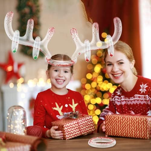 HONMOK Inflatable Reindeer Antler Game,Christmas Hoopla Ring Toss Game,Transparent Red Sequined Reindeer Antler Hat with 6 Throwing Rings and 1 Pump,for Kids Adults Family Christmas Party Fun Games