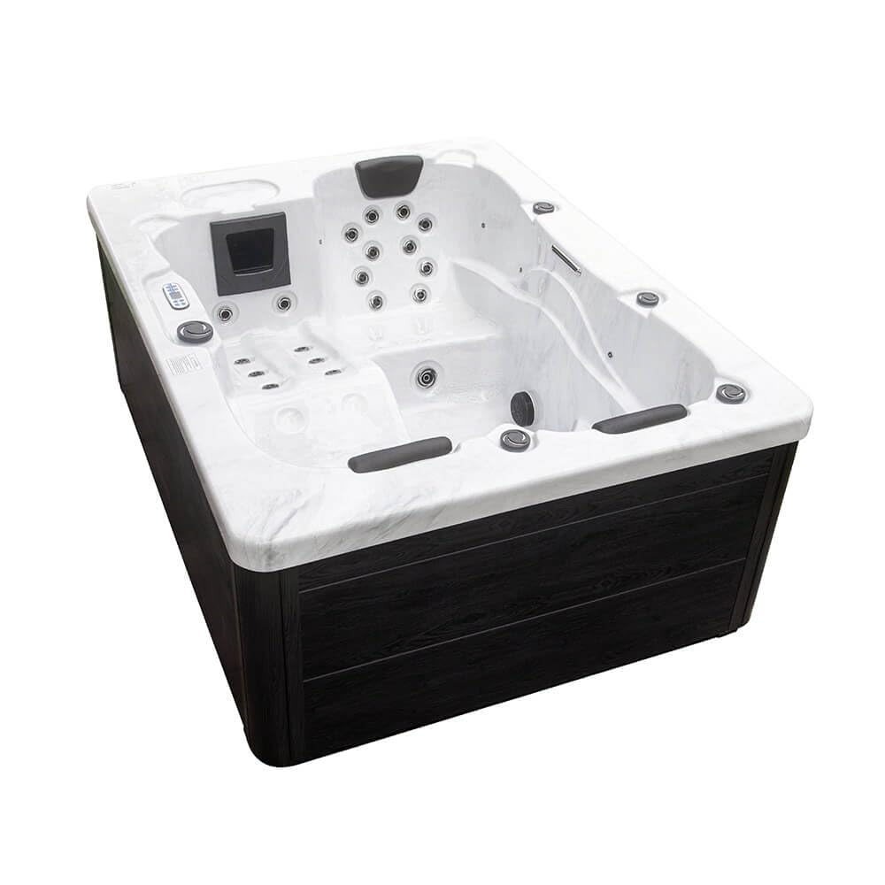 Home Deluxe - Outdoor Whirlpool - White Marble Plus Treppe und Thermoabdeckung - Maße 210 x 160 x 85 cm - Inkl. Heizung, 27 Massagedüsen und 9 Lichtquellen I Außen Whirlpool Spa für 3 Personen