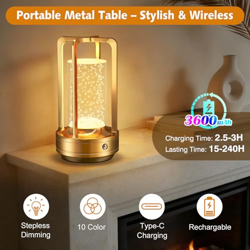 Image of Portable Table Lamp for Outdoor Indoor: Cordless Rechargeable Desk Lamp with 10 Colors - Shower Lamp with Stepless Dimmable - Metal Battery Operated Lantern Light for Bedroom /Bar /Coffee Shop /Camping