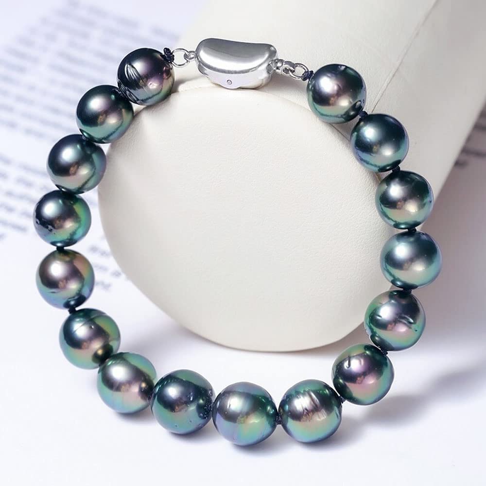 Tahiti AA + natürliche Perle Pfauengrün, 925er Silberschnalle, elastisches Armband, Modeschmuck, geeignet für Damen, One Size