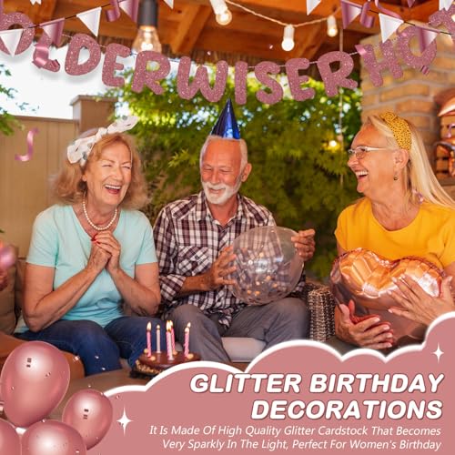 Image of Fulmoon Set of 3 Pre Strung Older Wiser Hotter Glitter Banner Funny Birthday Banner for Women 30th 40th 50th 60th 70th 80th Birthday Party Decorations Sign Gift(Deep Rose Gold)
