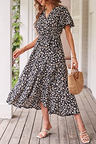 PRETTYGARDEN Women's Summer Floral Boho Maxi Dress Wrap Short Sleeve V Neck Ruffle A-Line Flowy Wedding Guest Long Dresses