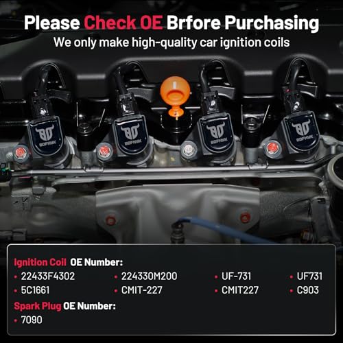 Image of BDFHYK 1 Ignition Coil Pack UF731 and 4 Iridium Spark Plug 7090 Compatible with Nissan 2001-2004 Frontier, 1996-1999 Sentra l4 1.6L 2.4L Coil for UF731 C903 5C1661 CMIT227