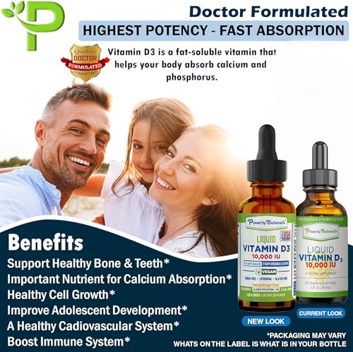 Power By Naturals Vitamin D3 Liquid Drops 10000 IU - High-Potency Vitamin D3 for Adult Bone Strength &amp; Immune Suppor