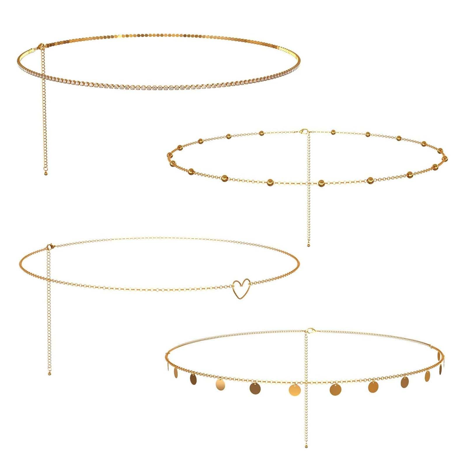 Metal Waist Chain for Women Girls Adjustable Body Link Belt Fashion Belly Jewelry 4 Pieces Belly Waist Chain, Summer Body Beach Jewelry for Jeans Dresses (Gold)