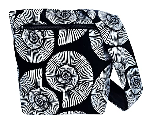 Image of Sea Shell Crossbody Bag - Fully Lined with Front Zippered Pocket - Hippie Hobo Snail Shoulder Purse - Black and White - Medium