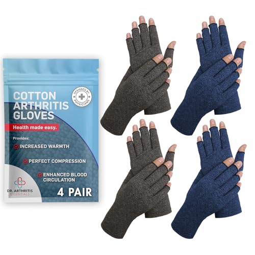 Dr. Arthritis Essentials Open-Fingertip Arthritis Gloves Compression Gloves Ideal as Raynauds Gloves Hand Brace for Arthritis Fingerless Gloves(GreyNavy M)