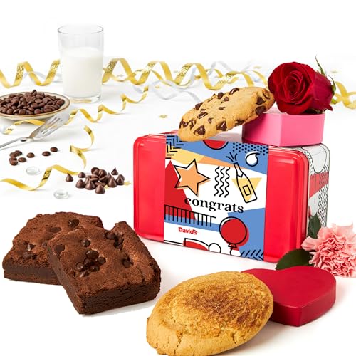 David’s Cookies Congratulations Gluten-Free Cookies and Brownies Gift Sampler Tin – Fresh Baked Chocolate Chip Cookies and Fudgy Brownies – Gourmet Bakery Dessert Gift for Celebrations &amp; All Occasions
