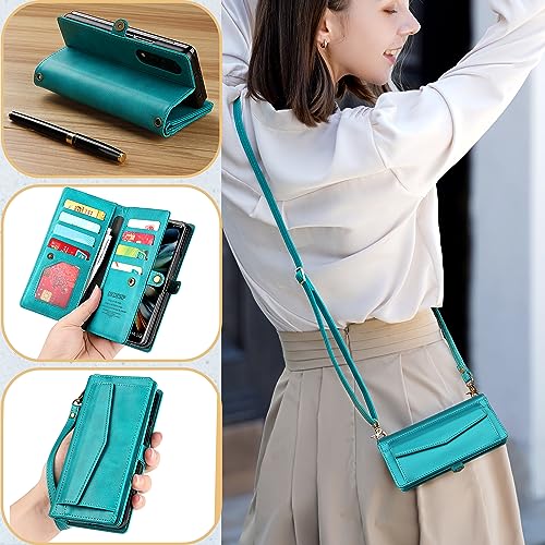 DKDKSIP for Samsung Galaxy Z Fold 3 Wallet Case for Women with 【S Pen Holder】, RFID Blocking Card Holder, PU Leather Flip Phone Case with Crossbody Strap Wristlet Kickstand for Galaxy Z Fold 3, Blue - image 6