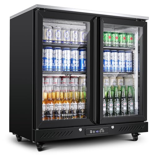 Image of BODEGACOOLER Back Bar Cooler with 2 Glass Doors,7.7 Cu.ft Commercial Back Bar Beverage Refrigerator Counter Height,LED Lighting for Soda Drinks,Beer,Wine Stainless Steel Top,DOE Approved,4 Casters