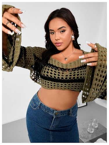 Image of Floerns Women's Plus Size Boat Neck Long Sleeve Hollow Out Crochet Cropped Sweater