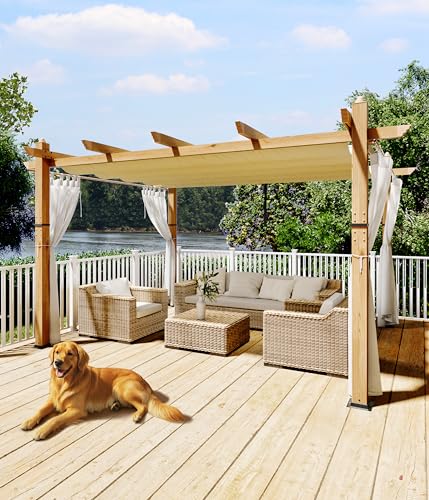 GarveeLife 10 x 13 ft Wood Grain Aluminum Pergola Outdoor Pergola with Retractable Canopy Sun Shade Shelter for Garden Patio Backyard Deck - Beige with Netting