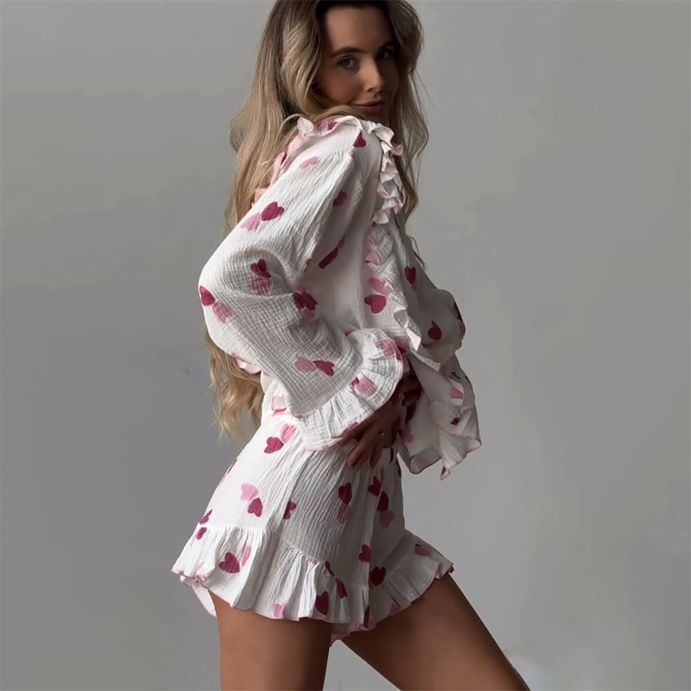 Pigiama da Donna Set A Tre Pezzi Elegante Camicia Maniche Lunghe + Top Senza Cinturine Pantaloni in Vita Alta -White-l