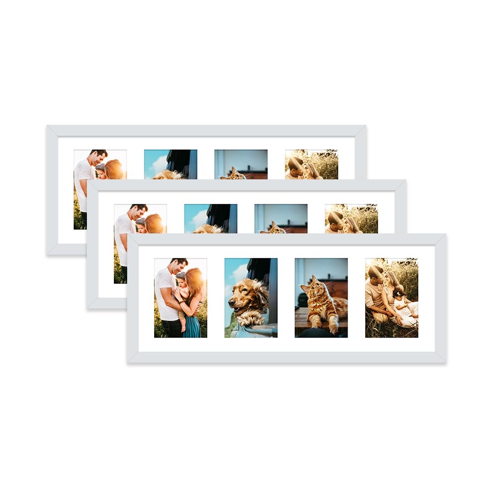 Light Grey Multi Photo Frame - Holds 4 x 6x4 Pictures, Family Collage Picture Frame for Wall Display, 8x22 Panoramic Frame Size, Set of 3