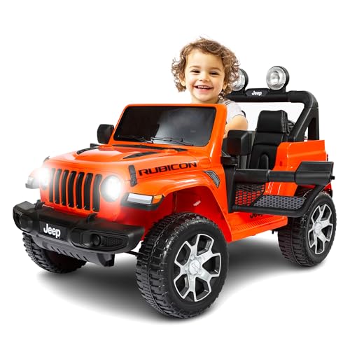 BabyCar Jeep Elettrica Per Bambini | Auto con Sedili in Pelle, Porte Apribili, MP3/USB/Micro SD | Macchina Elettrica per Bambini 12V con 2 Motori 35W | Licenza Ufficiale Jeep | Arancio