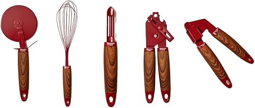 Phantom Chef 5 Piece Kitchen Gadget Set Pizza Cutter, Egg Whisk, Vegetable Peeler, Can Opener, Garlic Press Stainless Steel With Soft Touch Faux