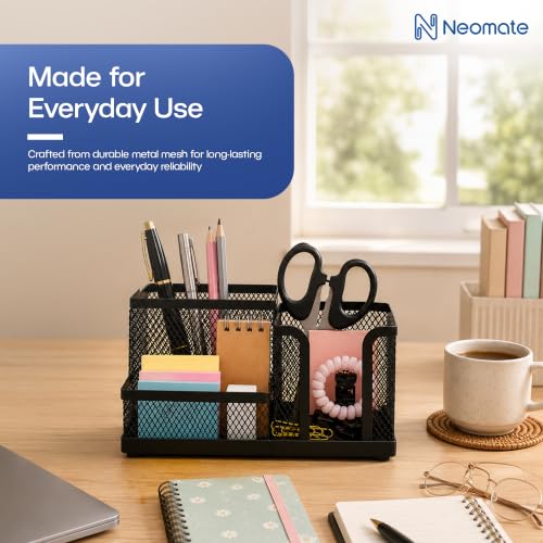 Image of Neomate Metal Mesh Desk Organizer Pen Stand with 3 Compartments - Keeps Pens, Scissors and Stationery Tidy for Office, Study Table and WFH Desk Setup (Black color)