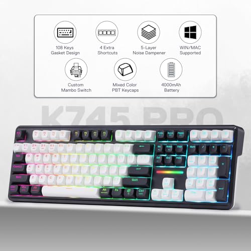 Image of Redragon K745 PRO Wireless Gasket RGB Gaming Keyboard, 108 Keys Mechanical Keyboard w /Extra 4 Hotkeys, Hot-Swap South-Facing LED Socket, 5-Layer Noise Dampening, Round PBT Keycaps, Mint Mambo Switch