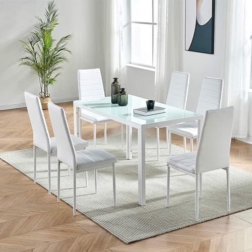 La Mejor Lista de Comedores Altos de 6 Sillas los mejores 10. 43 INO Design - Juego de mesa de comedor moderna de 7 piezas de vidrio blanco para 6 personas, mesa de comedor de cocina de vidrio templado y cómodas sillas de piel sintética...