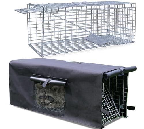 Live Anmials Trap Cage with Cover Cover with Mesh Window for 1-2 Door 32 Inch Heavy Duty Folding Humane Animal Trap Cage for Raccoon Squirrel Skunk Catch Opossums Groundhogs