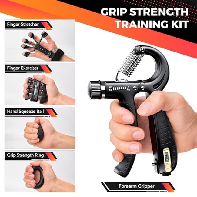 Grip Strength Trainer Kit (5 Pack) with Hand Grip Strengthener Electronic Counting, Forearm Strengthener, Finger Exerciser, Stress Relief Ball, and Forearm Workout Ring for Hand Therapy Forearm Strength Training