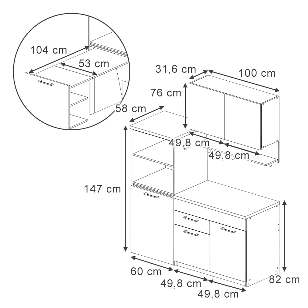Vicco Küchenzeile Egbert, Anthrazit, 160 cm mit ausziehbarem Tisch, mit integriertem Tellertrockner und seitlichen Regalablagen