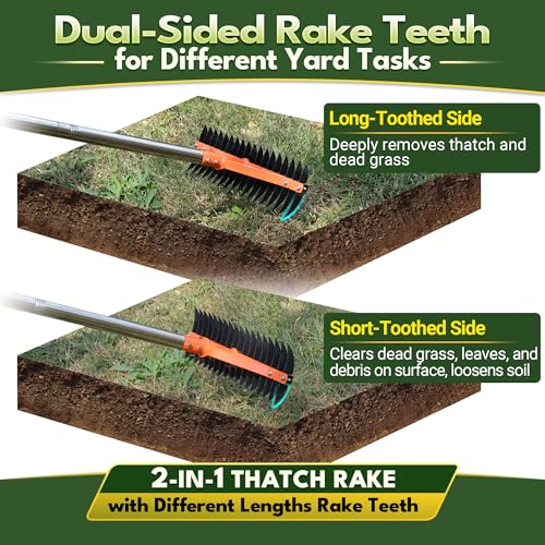 Rastrillo para césped con 18 púas de acero templado y mango ajustable de acero inoxidable de 62.5" miniatura 3