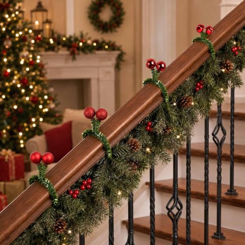 40 Pcs 20" Christmas Garland Ties with Red Balls, Twist Ties Garland Hanger | Flexible Pine Needles Garland Twist Ties Decor with Bells for Banister Stairs Railing Xmas Trees Holiday Decor Gift Wrapping - image 4