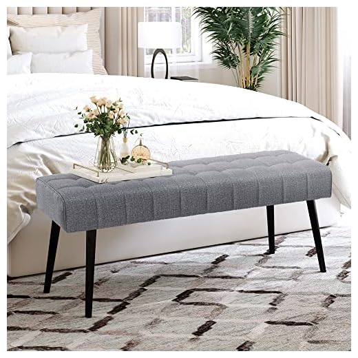 LUE BONA Entryway Bench, 44.5'' Leather Upholstered Bedroom Benches, End of Bed Bench with Metal Legs, for Decorative, Living Room, Dining Room, Gray