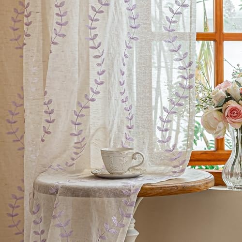 AmHoo 2 Panels Linen Leaf String Floral Embroidered Semi Sheer Curtain Farmhouse Voile Curtains for Living Room Bedroom Window Treatment Lavender Purple 52 x 84 Inch
