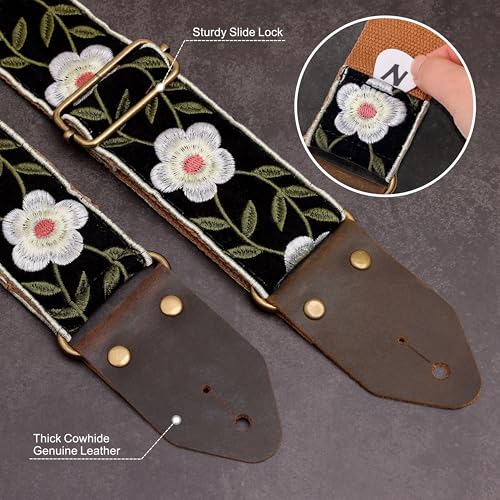 Image of Nefelibata Guitar Strap,Crazy Horse Leather Jacquard Embroidery Cotton Guitar Straps for Bass, Electric & Acoustic, Best Gifts for Guitarists(Retro White Petals)