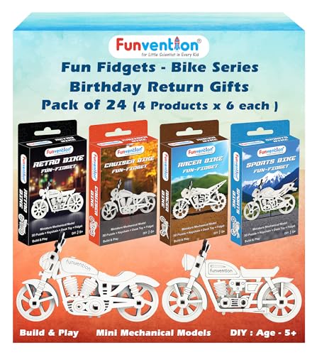 Image of Funvention Birthday Return Gifts (Pack of 24) Fun Fidgets - Bike Series | DIY Mini Mechanical Models 3D Puzzle Return Favours for Kids Birthday Party 5+ Years Made in India Toys Return Gift, Silver