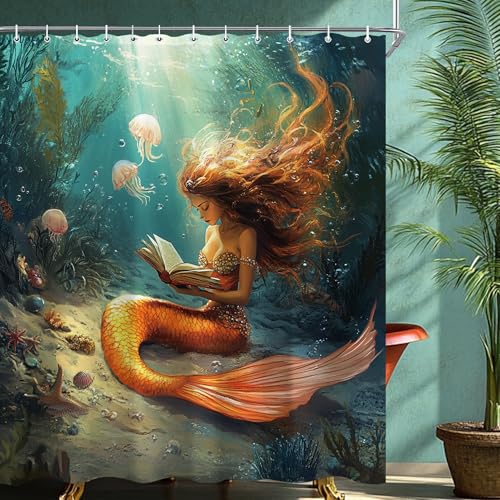 CINEKER Mermaid Ocean Shower Curtain Sets for Bathroom 60Wx72H Vintage Retro Teal Sea Shower Curtain Jellyfish Vintage Polyester Bathtub Curtain Seaweed Aesthetic Bathroom Decor with 12 Hooks