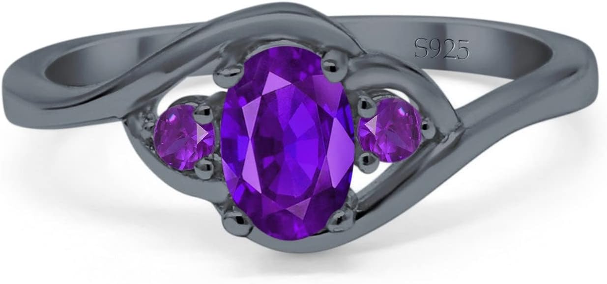 Blue Apple Co. Three Stone Engagement Ring Oval Cut Round Simulated Amethyst Cubic Zirconia 925 Sterling Silver