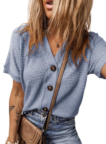 Image of Dokotoo Womens Summer Tops 2026 Waffle Knit Button Down Shirts Casual V Neck Short Sleeve Shacket Jacket Dressy Blouses