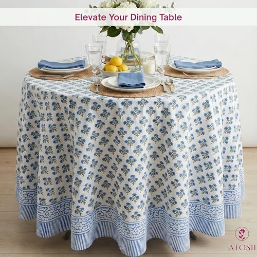 ATOSII Gulbahar Blue 100% Cotton Fall Round Tablecloth, Handblock Print Floral Table Cloth for Kitchen Dining Linen I Thanksgiving, Christmas, Weddings, Outdoors, Parties I 90" Inches Diameter by ATOSII - Used condition - Image 8