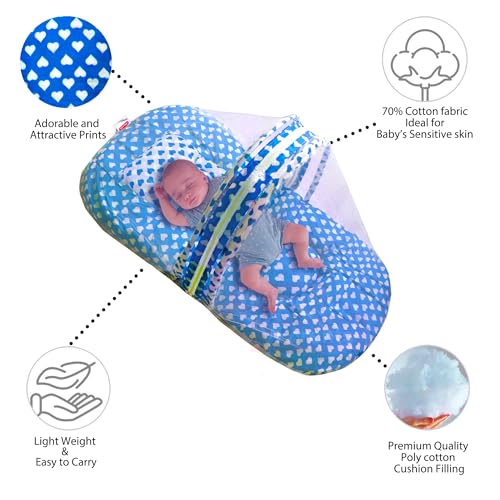 Image of VParents Rosy Blue Cotton Bedding Set & Mosquito Net