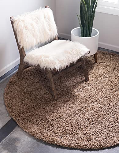 Unique Loom Solid Shag Round Rug (4'1"), Sandy Brown