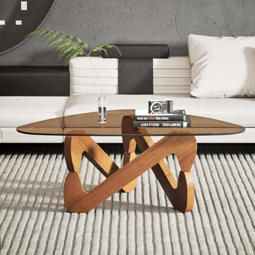 Table basse triangulaire en verre moderne avec base triangulaire en bois massif et verre trempé épais, table d'appoint, table basse originale pour salon,...